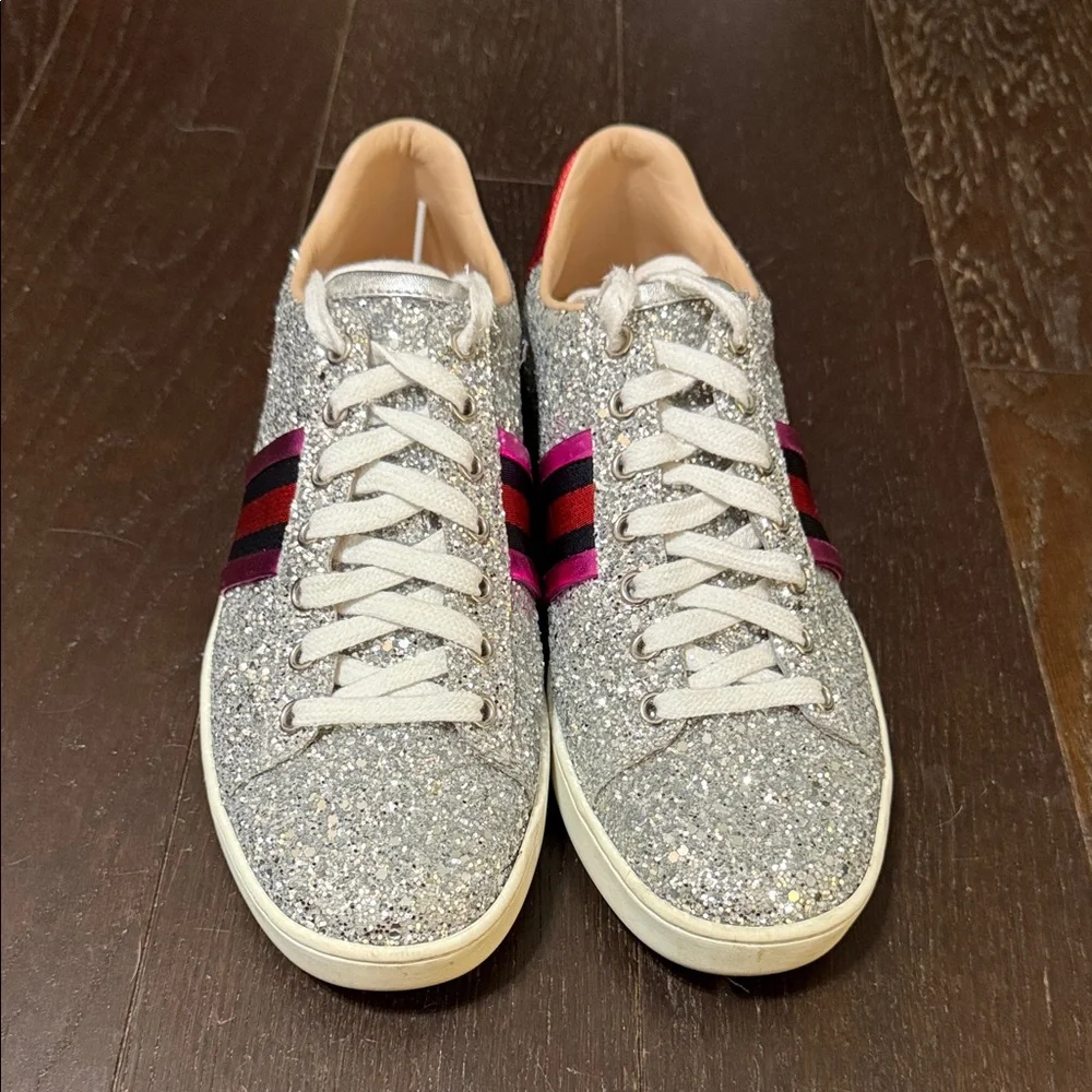 Gucci Silver Glitter Lace-Up Sneakers with Pink & Blue Stripes - Picture 1 of 8